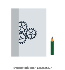 Product Development Icon. Drawing With Gears and Pencil. Flat color design. Startup series. Vector illustration.