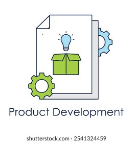 Icono de desarrollo de productos: engranajes y bombillas que representan la innovación y la creación.