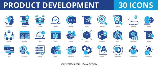 Product development icon pack collection set for manufacture industry design and research. With brainstorming, prototyping, testing, iteration, feedback, analysis, continuous improvement, innovation