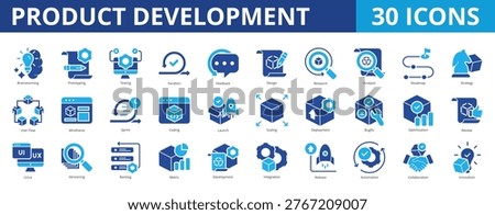 Product development icon pack collection set for manufacture industry design and research. With brainstorming, prototyping, testing, iteration, feedback, analysis, continuous improvement, innovation