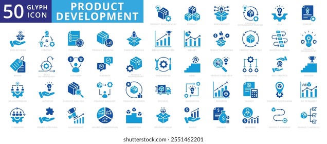 Product development icon set of initiative, new, business, building, concept, finance, success, innovation, delivery, idea, teamwork, strategy, engineering, management, research, market, profit, agile