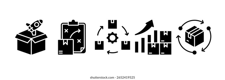 Desenvolvimento de produto Ícone definir coleção de vários estilos, contendo o ciclo de vida do projeto, melhoria do produto, estratégia, ciclo de vida, versão