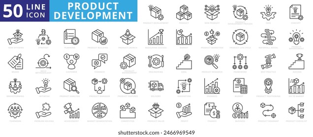 Conjunto de iconos de desarrollo de productos con planificación, proceso, idea, concepto, oferta, marca, lluvia de ideas, estrategia y trabajo en equipo.