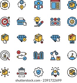 Juego de iconos Desarrollo de productos Producto, Desarrollo, Calidad, Proceso, Objetivo ,colección. Ilustración del vector