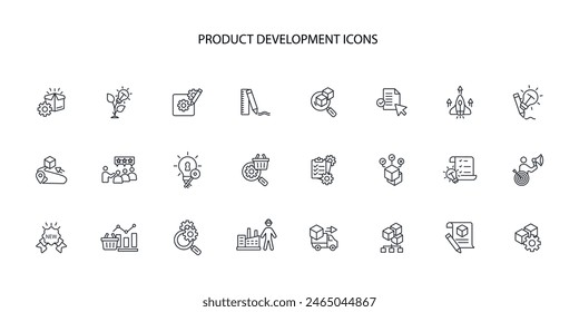 Conjunto de iconos de desarrollo de producto.Vector.Trazo editable.signo de estilo lineal para el uso de Diseño web,logo.Ilustración de símbolo.