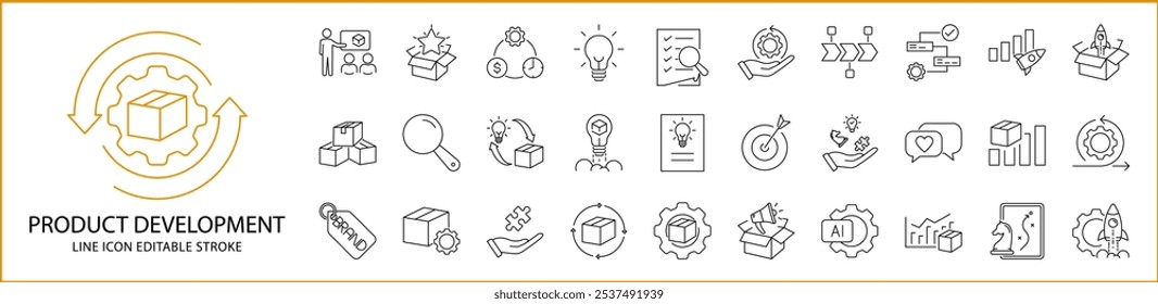 Produktentwicklungssymbole im Linienstil. Enthaltend Entwicklung, Prozess, Herstellung, Produktion, Strategie, etc. Icin-Set. Vektorgrafik. Bearbeitbarer Strich.