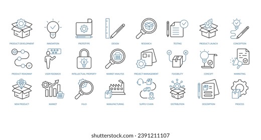 Conjunto de iconos de desarrollo de producto. Conjunto de iconos de trazo editables.Conjunto de vectores de desarrollo de productos