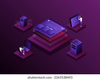 Product development Isometric Illustration Dark Gradient. Suitable for Mobile App, Website, Banner, Diagrams, Presentation, and Other Graphic Assets.
