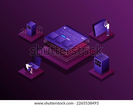 Product development Isometric Illustration Dark Gradient. Suitable for Mobile App, Website, Banner, Diagrams, Presentation, and Other Graphic Assets.