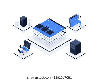 Desarrollo de producto Isometric Illustration Flat Color. Adecuado para aplicaciones móviles, sitio web, banner, diagramas, presentación y otros activos gráficos.