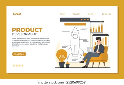 product development landing page template concept brainstorming, New product, teamwork, Startup business Flat illustration