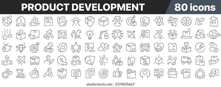 Colección de iconos de línea de desarrollo de producto. Un gran icono de interfaz de usuario en un diseño plano. Paquete de iconos de contorno delgado. Ilustración del vector EPS10