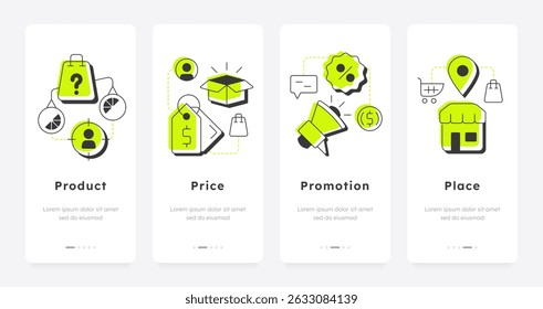 Product development mobile app onboarding screens. Business strategy. Marketing, promoting. Commerce, market. Flat UI UX design, green highlight with outline icons conceptual