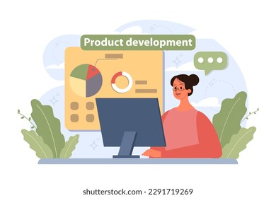 Product development. New brand or start up launch stages. Business project progression. Design, prototyping, testing, commercialization. Risks and spendings analysis. Flat vector illustration