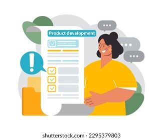 Desarrollo de productos. Nueva marca o iniciar etapas de lanzamiento. Progreso del proyecto empresarial. Diseño, prototipado, pruebas, comercialización. Análisis de riesgos y gastos. Ilustración vectorial plana