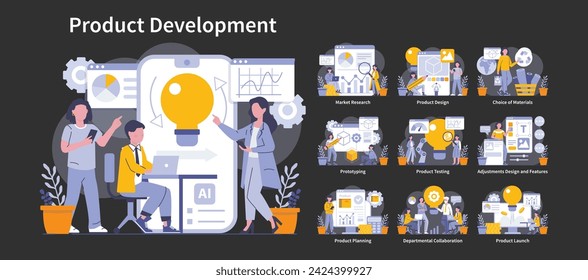 Product development night or dark mode set. Stages from idea to market in detailed scenes. Teamwork in innovation, market analysis, design, material selection, and launch. Vector illustration.