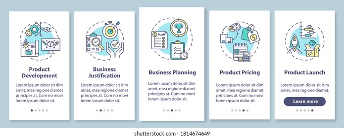 Product development onboarding mobile app page screen with concepts. Business case. Marketing strategy walkthrough 5 steps graphic instructions. UI vector template with RGB color illustrations