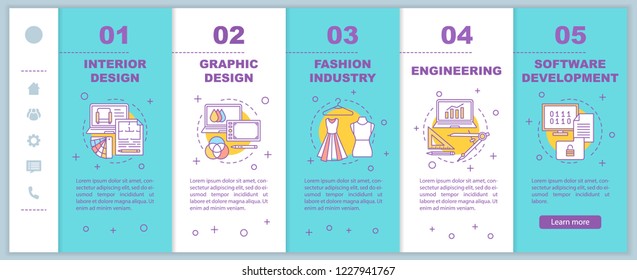 Product development onboarding mobile web pages vector template. Interior, graphic, fashion, web design. Responsive smartphone website interface. Webpage walkthrough step screens. Color concept
