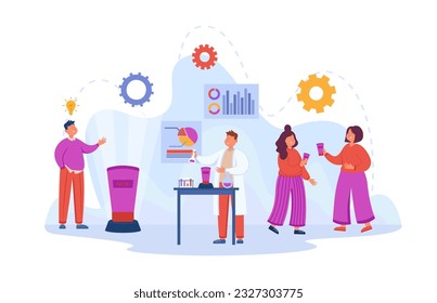 Product development process vector illustration. Scientists creating and testing product, designers presenting and branding bottles and people distributing them. Business, production concept