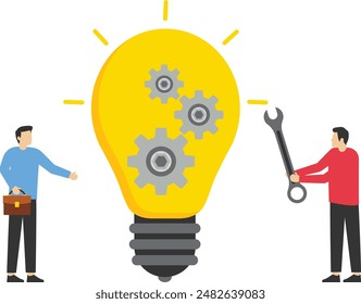 Desarrollo de productos, gestión de proyectos o concepto de productividad, investigación y optimización de procesos para el lanzamiento de un nuevo producto, un hombre de negocios con lupa con idea de bombilla con engranajes.