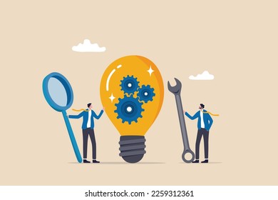 Product development, research and optimize for development process to launch new product, project management or productivity concept, businessman with magnifier with lightbulb idea with cog wheels.