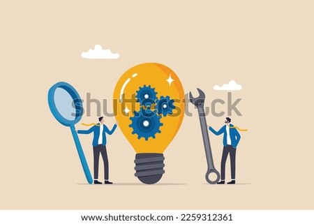 Product development, research and optimize for development process to launch new product, project management or productivity concept, businessman with magnifier with lightbulb idea with cog wheels.