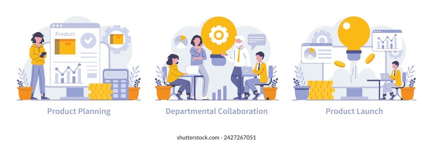 Product development set. Critical planning, cross-departmental collaboration, and the excitement of a product launch. The journey from blueprint to market. Vector illustration.