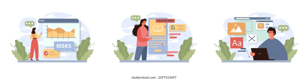 Product development set. New brand or start up launch stages. Business project progression. Prototyping, testing, commercialization. Risks and spendings analysis. Flat vector illustration