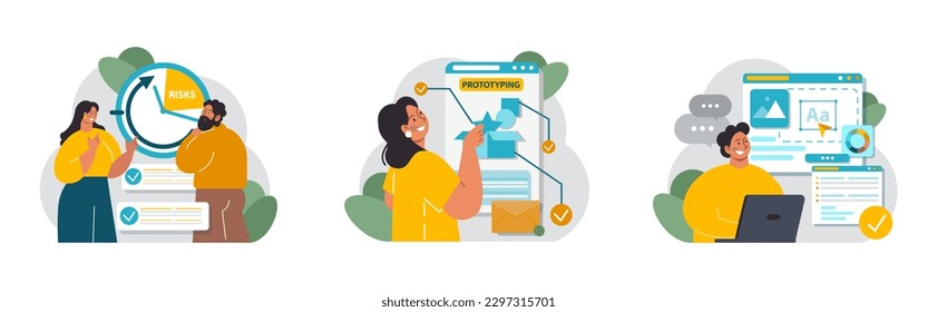 Product development set. New brand or start up launch stages. Business project progression. Prototyping, testing, commercialization. Risks and spendings analysis. Flat vector illustration