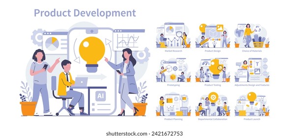 Product development set. Stages from idea to market in detailed scenes. Teamwork in innovation, market analysis, design, material selection, and launch. Vector illustration.