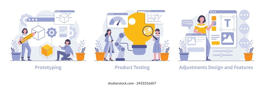 Product development set. Stages of prototyping, rigorous testing, and feature adjustments. Process of refining design and functionality. Vector illustration.