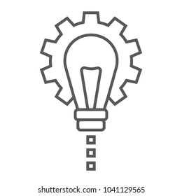Product Development thin line icon, development and business, lightbulb in gear sign vector graphics, a linear pattern on a white background, eps 10.