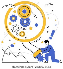 Product development vector illustration. Growth is garden where flowers creativity bloom, coloring landscape product development Production is factory where assembly line ideas crafts masterpiece