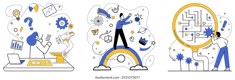 Product development vector illustration. Project management is map plotting course through unexplored territories creativity Creative solutions are keys open doors to treasure trove successful product