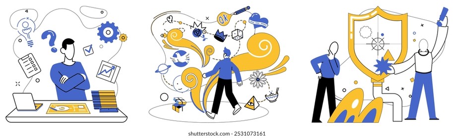 Product development vector illustration. Strategy is chessboard where each move shapes destiny kingdom product development Innovation is architect drawing blueprints for fortress progress in product