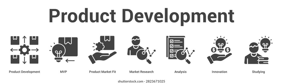 Product Development web banner icon set vector illustration concept for business with icon of Product Development, MVP, Product Market Fit, Market Research, Analys.