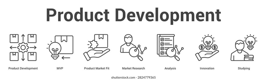 Product Development web banner icon set vector illustration concept for business with icon of Product Development, MVP, Product Market Fit, Market Research, Analys.