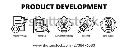 Product Development web banner icon vector illustration concept for product innovation with icons of prototyping, testing, implementation, product release and product life cycle.