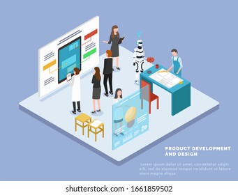 Product Development And Web Design. Manufacturing And Machinery In Room. People Working On Engineering Process. Tablet On Board With Mockup Of Mobile Application. Vector Illustration In Flat Style