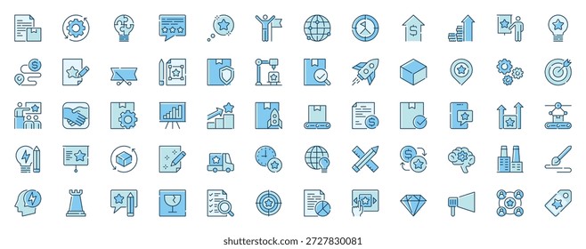 Produktentwicklung Web-Icons in Linie Design gesetzt. Duotone Piktogramm Paket von Einstellungen, Optimierung, Lösung, Puzzle lösen, gewinnen, Ziel, Logistik, mehr Kontur Strichzeichen. Vektorgrafik.