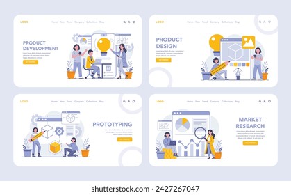 Conjunto de páginas web o de aterrizaje de desarrollo de productos. Desde el concepto hasta el lanzamiento, una vibrante representación de las etapas de innovación: desarrollo, diseño, creación de prototipos e investigación de mercado. Ilustración vectorial.