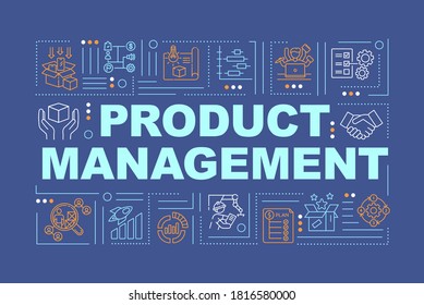 Product development word concepts banner. Management and marketing strategy. Infographics with linear icons on blue background. Isolated typography. Vector outline RGB color illustration