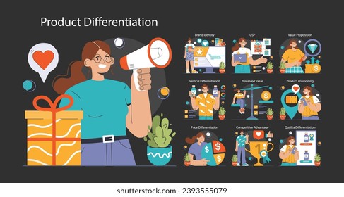 Product differentiation dark or night mode set. Product competitive advantages. Price and quality Brand recognition and market niche definition. Flat vector illustration