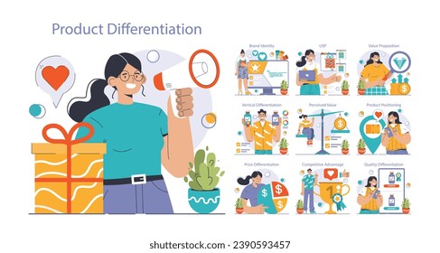 Product differentiation set. Product competitive advantages. Price and quality Brand recognition and market niche definition. Flat vector illustration