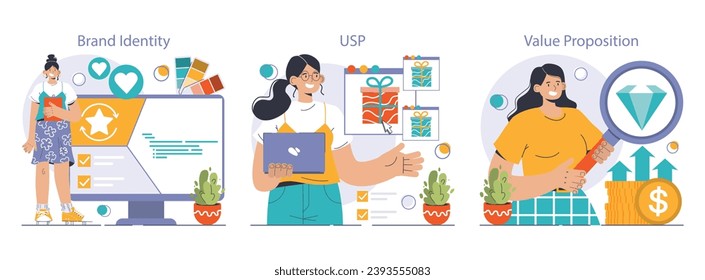 Product differentiation set. Product competitive advantages. Price and quality Brand recognition and market niche definition. Flat vector illustration