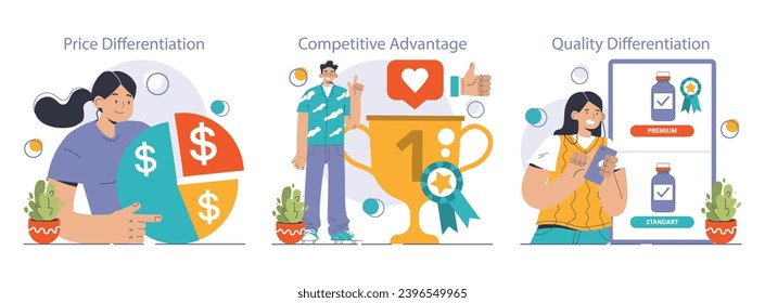 Product differentiation set. Product competitive advantages. Price and quality Brand recognition and market niche definition. Flat vector illustration