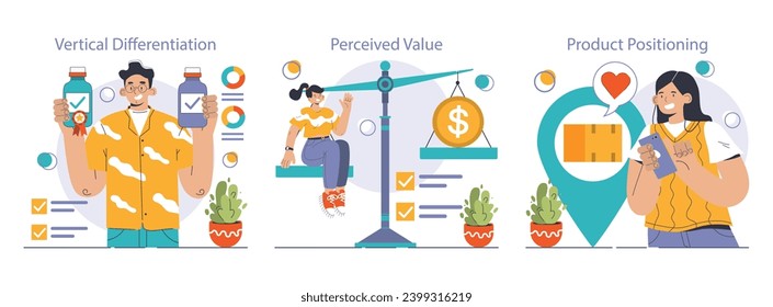 Product differentiation set. Product competitive advantages. Price and quality Brand recognition and market niche definition. Flat vector illustration