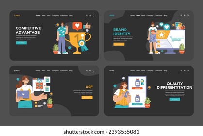 Product differentiation web or landing dark or night mode set. Product competitive advantages. Price and quality Brand recognition and market niche definition. Flat vector illustration