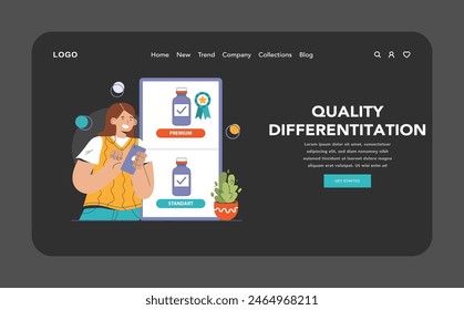 Product differentiation web or landing dark or night mode. Product competitive advantages. Price and quality Brand recognition and market niche definition. Flat vector illustration