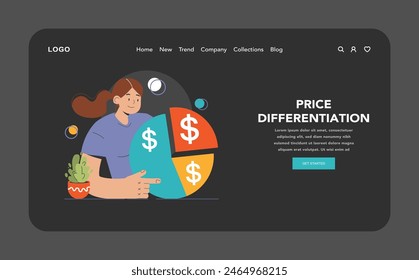 Product differentiation web or landing dark or night mode. Product competitive advantages. Price and quality Brand recognition and market niche definition. Flat vector illustration